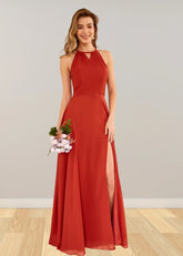 Stacey | Rust Brown A Line Chiffon Maxi Bridesmaid Dress with Slit - Price #price_variant_lowest# - Rust - PromDressClub